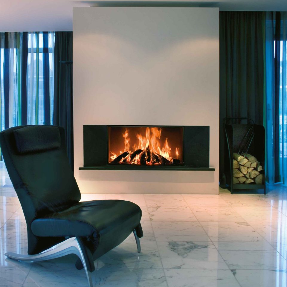 foyer à bois KALFIRE W105/47 F Panoramique tres grand format escamotable fonctionnement en foyer ouvert