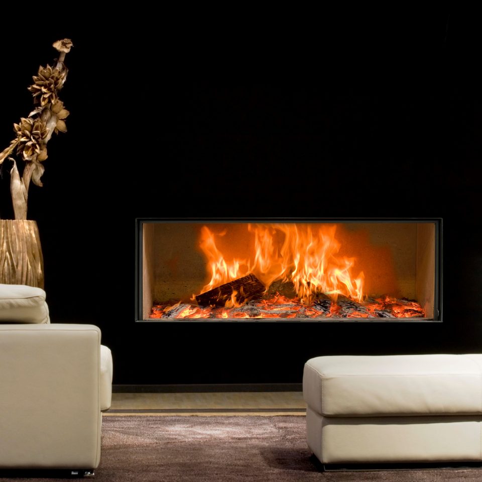 Foyer à bois panoramique trés grande largeur Kalfire W120/38 F porte escamotable fonctionnement en foyer ouvert et fermé